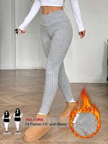 SHEIN Tall CURVE Leggings de cintura ancha con superposición sólida, ropa de primavera talla grande - Gris - Ver 1