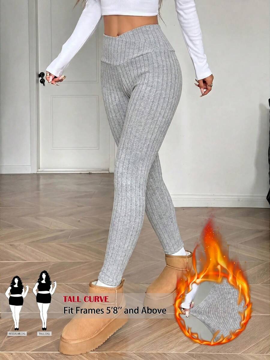 SHEIN Tall CURVE Leggings de cintura ancha con superposición sólida, ropa de primavera talla grande - Gris - Ver 1