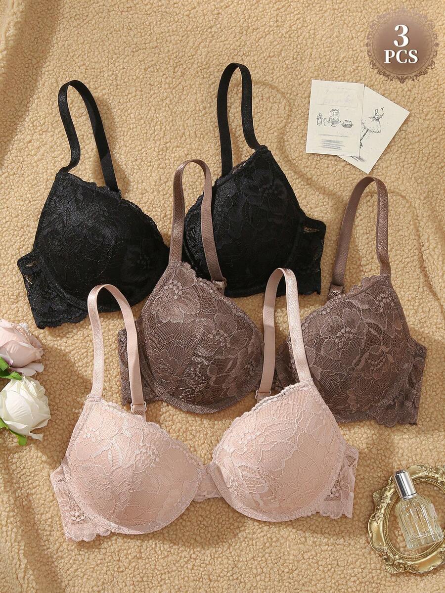 DesireSculpt 女款鋼圈性感蕾絲休閒舒適聚攏胸罩 3 件組 - 彩色 - 查看 1