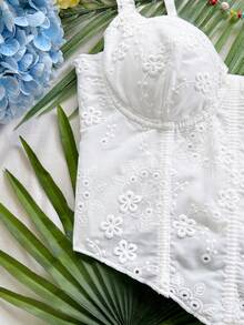 Soleia 女款燒花刺繡休閒百搭日常穿著細肩帶背心上衣 - 白色 - 查看 3