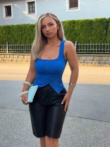 Jeta Ari Royal Blue French Square Neck Sleeveless Slit Knit Camisole Top,Waist Cinching Design,Elegant Chic Summer,Casual,Night Out Wear For Women,Fitted Cami - Royal Blue - View 2