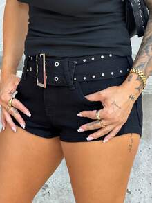 SAYEHFBABY Damen Super-Kurz-Jeans-Shorts mit Taschen, schlicht und lässig, mit breitem Gürtel, Sommer, Schwarz - Schwarz - Übersicht 6