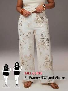 SHEIN Tall CURVE 大尺碼女款刺繡亮片設計直筒寬鬆優雅長褲 - 白色 - 查看 3