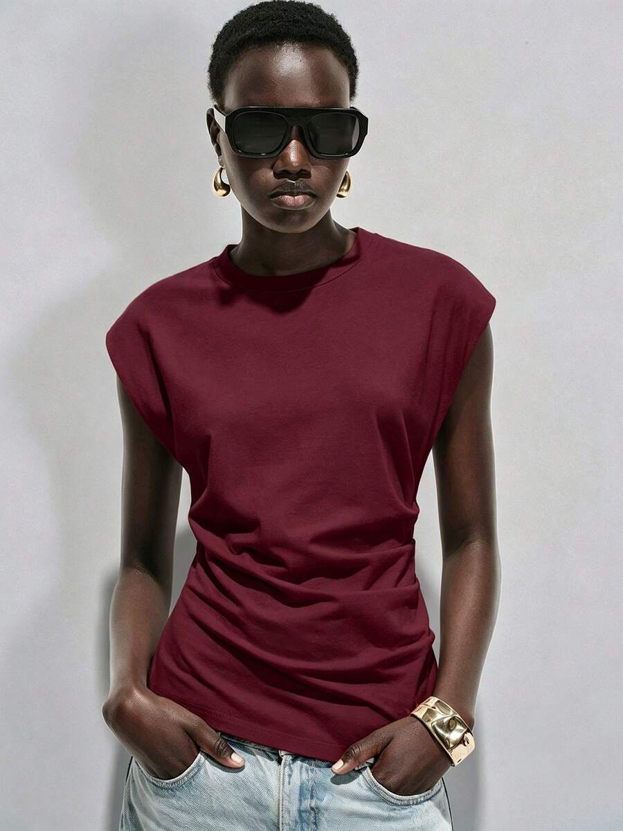 Lumivelle Women's Spring/Summer New Pure Cotton T-Shirt, Round Neck, Ruched Waist, Casual Commute Design, White - Burgundy - View 1