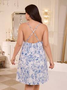 MuseNap CURVE Plus Size Sexy Cami Cowl Neck Floral Faux Silk Nightgown - Blue and White - View 2