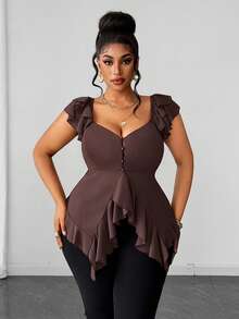 Maweii Plus Size French Fashion Button Ruffle Hem Elegant Blouse - Redwood - View 4