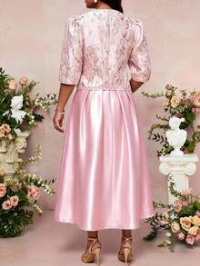 Fleurora Plus Size Women's Elegant Formal Solid Color Pleated Dress With Jacquard Cardigan 2-Piece Set Evening Wedding Guest Bride Pink Floral Light Luxury - Pink - View 2