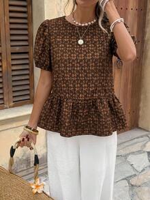 SHEIN LUNE 女款休閒夏季度假通勤日常基礎時尚外出紋理短袖上衣 - 棕色 - 查看 2