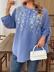 SHEIN CURVE+ New Embroidered Striped Casual Comfortable Daily Versatile Vacation Long Sleeve Shirt Fall - Blue - View 5