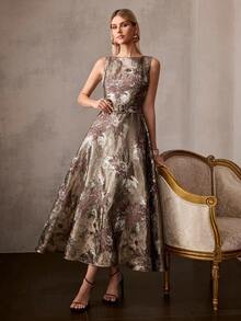 MOTF PREMIUM COFFEE GOLD JACQUARD LONG DRESS WITH BELT - Coffee - View 5