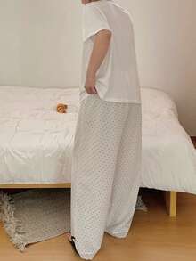 Dazy Plus Bow Print White Short Sleeve Top & Polka Dot Long Pants Cute Spring/Summer Pajama Set - White - View 6