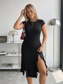 SHEIN ICON 大尺碼女款素色圓領開衩設計休閒派對洋裝 - 黑色 - 查看 9