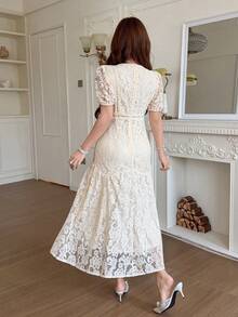 Feyla Summer Elegant Lace Dress For Women, Cinched Cinched Waist, Gentle Style, Short Dress Party Beige - Apricot - View 8