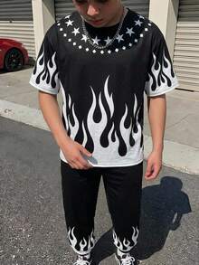 兒童 2件組 青少年男孩街頭風火焰圖案印花短袖T恤與長褲運動套裝，適合生日派對、晚宴、表演、婚禮、洗禮、開幕式，適用於日常穿著、上學、旅行、運動，適合春夏穿搭 - 黑與白 - 查看 5