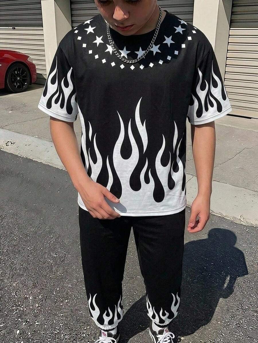 兒童 2件組 青少年男孩街頭風火焰圖案印花短袖T恤與長褲運動套裝，適合生日派對、晚宴、表演、婚禮、洗禮、開幕式，適用於日常穿著、上學、旅行、運動，適合春夏穿搭