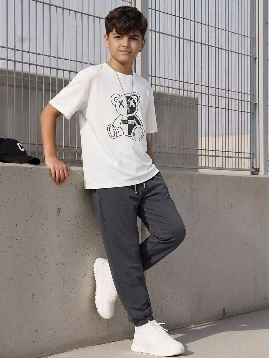 青少年男孩夏季新款酷熊圖案圓領短袖T恤與梭織休閒長褲2件套 - 灰色 - 查看 1