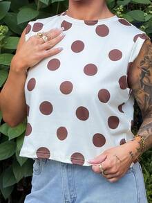 SAYEHFBABY Women's Chic Brown Polka Dot Sleeveless Top Casual Round Neck Summer T-Shirt Tank Cropped Yellow Vacation - Light Yellow - View 6