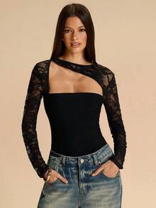 SHEIN BAE 春夏款純黑色 91%棉不對稱領長袖蕾絲網紗連身衣女款，黑色蕾絲連身衣 - 黑色 - 查看 5