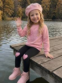 Emery Rose Kids Emery Rose Kids 2件組女童少女心形印花落肩秋季運動衫與鬆緊腰打底褲套裝，甜美女孩軟萌開學穿搭套裝 - 淺粉色 - 查看 14