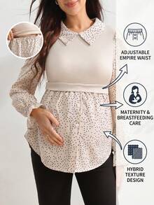 SHEIN 孕婦拼接波點印花鈕扣設計哺乳上衣 - 杏色 - 查看 2