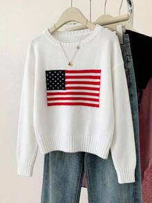 SHEIN 1件女款青少年毛衣，時尚休閒百搭極簡圓領美國國旗圖標提花圖案，學院風，適中厚度，整齊下擺，緊口袖口，柔軟親膚質感，適合日常穿著、外出、校園，秋冬季 - 白色 - 查看 8