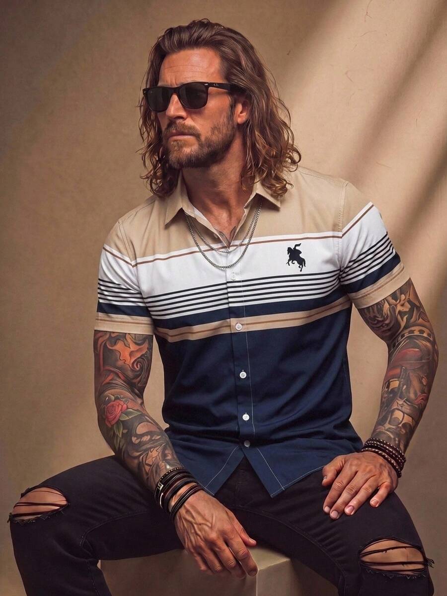 Fenqiro Men's Navy Blue Striped Knight Print Polo Style Single-Breasted Short Sleeve Casual Shirt,Summer Vacation Daily Office Dining Gift For Husband