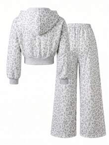 SHEIN 2件組 青少年女孩灰色豹紋連帽拉鍊運動衫套裝，秋冬款 - 灰色 - 查看 2