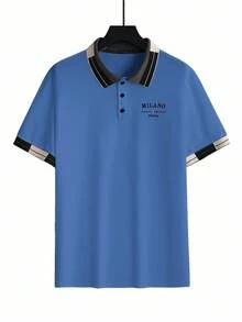 Calvornis 男士珠飾刺繡羅紋領短袖休閒 Polo 衫 - 藍色 - 查看 4