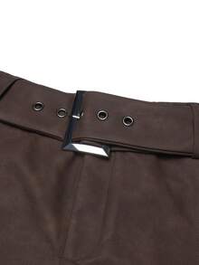 Auralis Plus Size Women Solid Color Buckle Design Casual Flapper Traditional Versatile Daily Wear Shorts Dates Night Brown Summer - Coffee Brown - View 6
