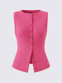 SHEIN BASICS 休閒素色針織圓領無袖修身開襟女款背心 - 玫紅色 - 查看 6
