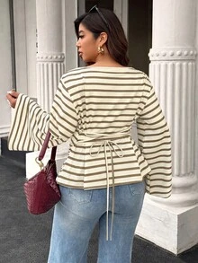 Easura Women's Autumn/Winter Wide Collar Flared Sleeve Pleated Ribbed Ribbed Top - Multicolor - View 2