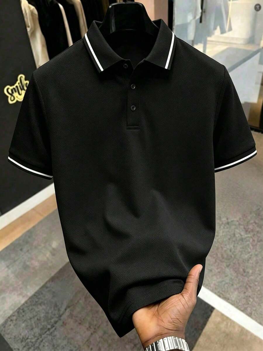 Manfinity Homme 大尺碼男士拼色休閒百搭通勤旅行短袖 Polo 衫 - 黑色 - 查看 1