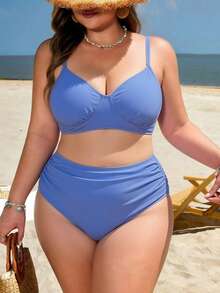 Swim Lushoire Plus Size Women 2-Piece Fashionable Minimalist Solid Color V-Neck Wide Adjustable Shoulder Strap Ruched Waist Split Swimsuit For Summer - Mauve Purple - View 1