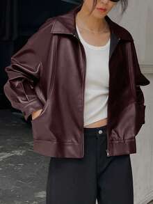 DAZY Chaqueta de cuero de motocicleta con solapa y cremallera, holgada y casual, manga larga, abrigo exterior para mujer, estilo escolar - Rojo - Ver 3