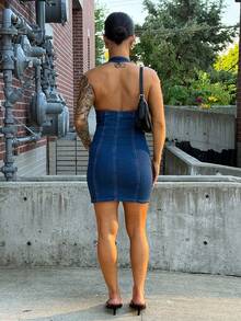 SAYEHFBABY Zip Up Bodycon Denim Dress Casual - Blue - View 2