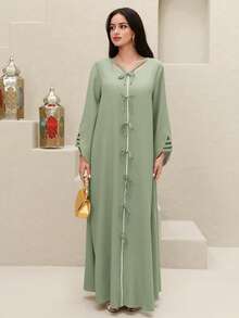 Yasmyna Women's Contrast Color Trim Bow Decor Elegant Long Sleeve Turkish Maxi Dress - Green - View 8