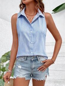 SHEIN Holidaya 女款夏季法式優雅通勤翻領無袖寬鬆百搭粉色與白色條紋休閒開襟襯衫 - 藍白色 - 查看 3