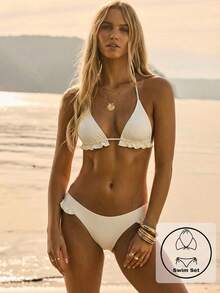 Aralina Conjunto de bikini triángulo con volantes de cuadros estilo vacaciones de verano en la playa, con bolsa de natación - Amarillo - Ver 5