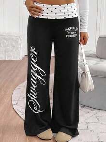 SHEIN Kids Teen Girls Pants Black Knitted Casual Street-Style Trousers Featuring A Contrasting-Color Polka Dot And English Letter Pattern,Back To School - Black and White - View 2