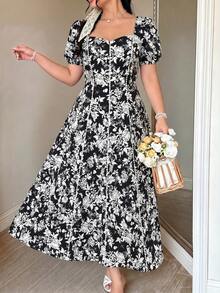FleurLily Random Print Plus Size Spring/Summer Women's Dress, 1920s Black Floral, Square Neck Puff Sleeve, Lace Patchwork A-Line Long Wedding Evening - Black - View 6