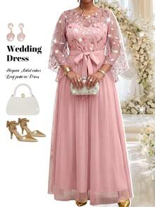 Fleurora Plus Size Elegant Party Sequin Embroidered Mesh Patchwork Dress Fall - Pink - View 4
