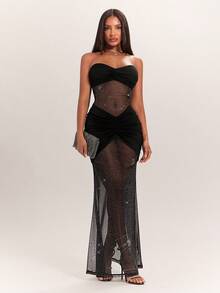 Radiana Women's Summer Sexy Elegant Unique Coffee Brown Glitter Mesh Dress, Fitted Mermaid Tail Dress, Long Dress, Island Vacation Dress, Beach Dress - Black - View 4