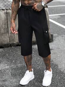 SLATEMANN Pantalones cargo casuales de 7 puntos con cintura con cordón y múltiples bolsillos para hombres - Negro - Ver 1