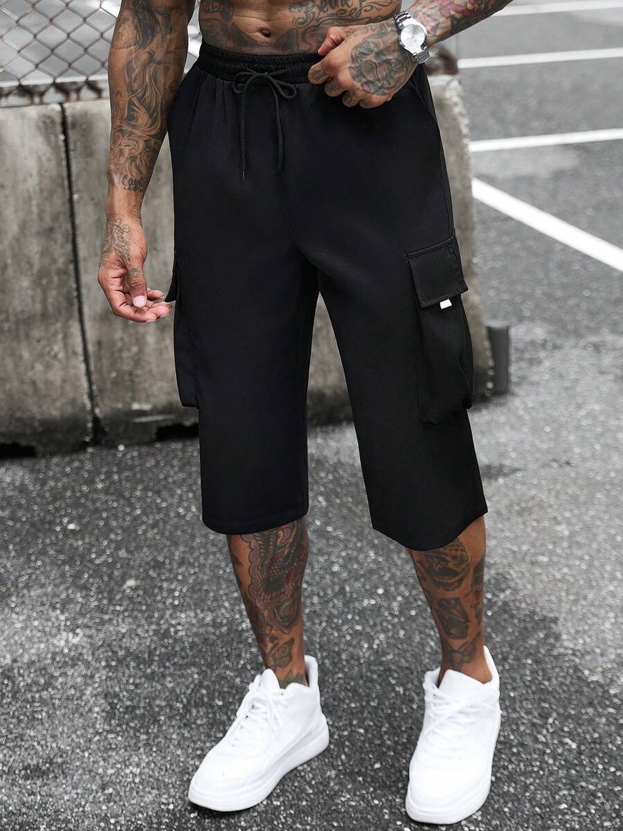 SLATEMANN Pantalones cargo casuales de 7 puntos con cintura con cordón y múltiples bolsillos para hombres - Negro - Ver 1