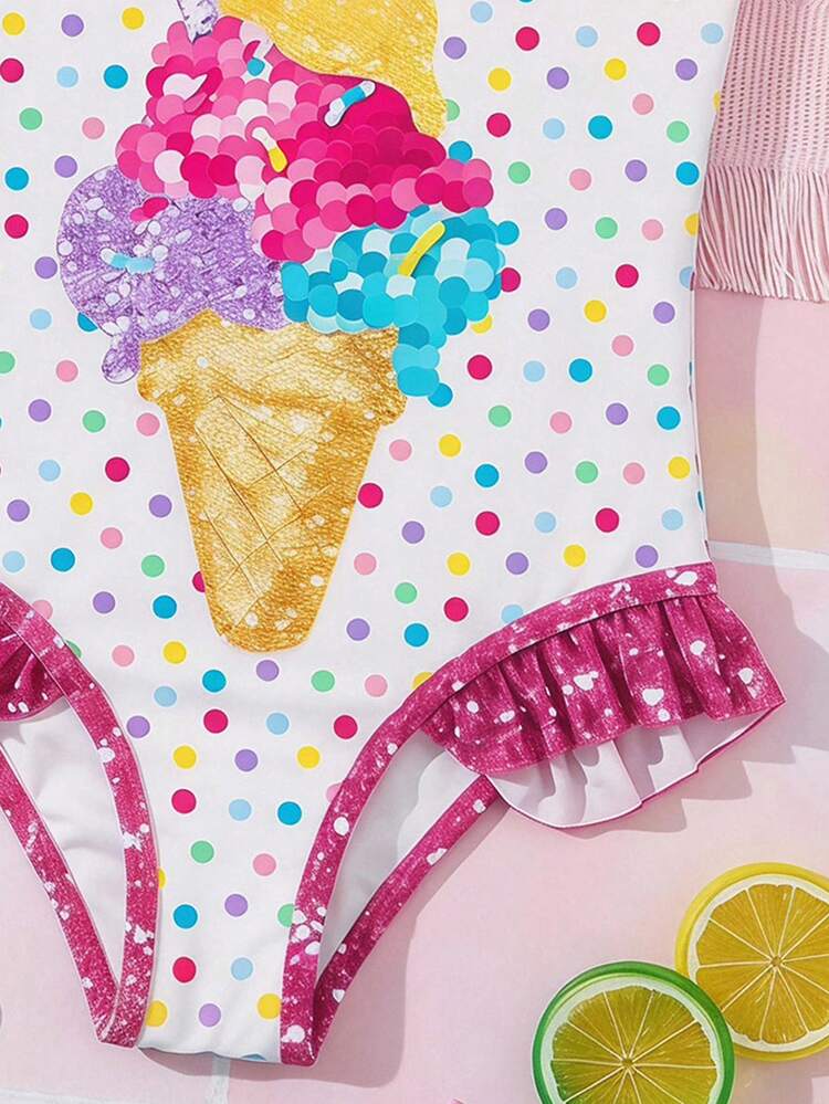 SHEIN Kids Young Girl Summer Vacation Beach Polka Dot Ice Cream Print Ruffle One-Piece Swimsuit - Hot Pink - View 7