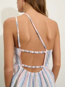 Nöista One-Shoulder Top In Pastel Striped Fabric, Asymmetrical Neckline And Peplum Hem. Perfect For Brunch, Summer, Spring, Vacation, French Coastal - Multicolor - View 5