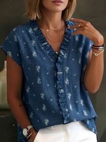 SHEIN Blue Short Sleeve Floral Print Women Top, Ruffle Neck Paneling Casual Shirt For Summer Outdoor Holiday Vacation Outfits - Blue - View 6