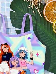 SHEIN 女婴时尚亮色闪光星星卡通印花泳衣，韩流卡通女孩图案，女婴休闲简约吊带连体泳衣，适合夏季海岛、海滩、度假 - 彩色 - 查看 5