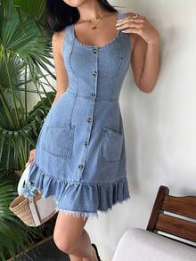 Sunnyshic Fashion Casual Open Front Ruffle Hem Washed Denim Holiday Dress - Light Wash - View 4