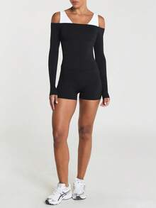 11SKNDS Off-Shoulder Long Sleeve Bardot Crop Top With Cold-Shoulder Cutout, Fitted Silhouette, Everyday Casual Layering Essential - Black - View 4